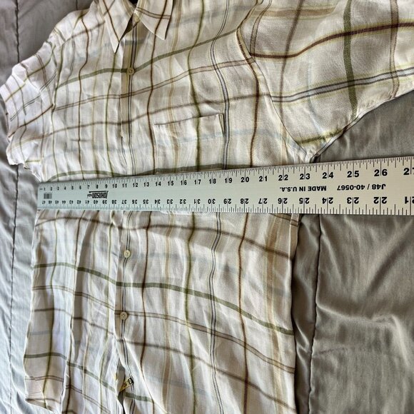 Tasso Elba Mens Medium Ivory Checked Linen Casual Button Up Shirt Short Sleeve - Picture 5 of 7